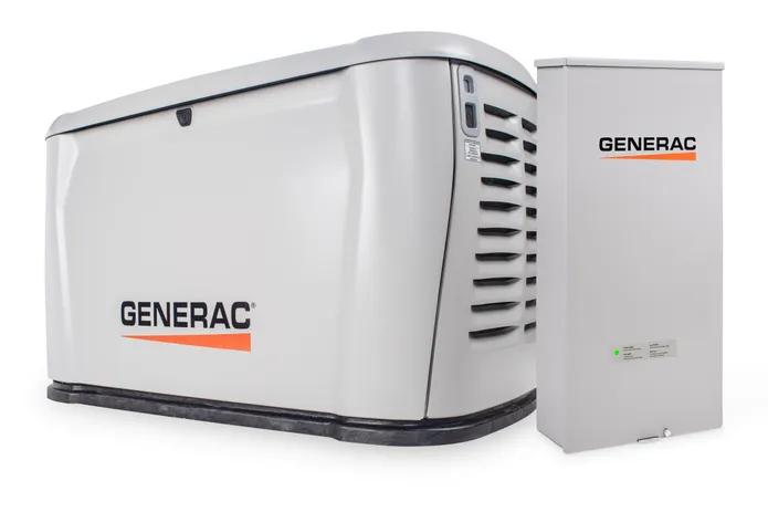 Close-up of a Generac standby home generator with its automatic transfer switch, shown on a white background.